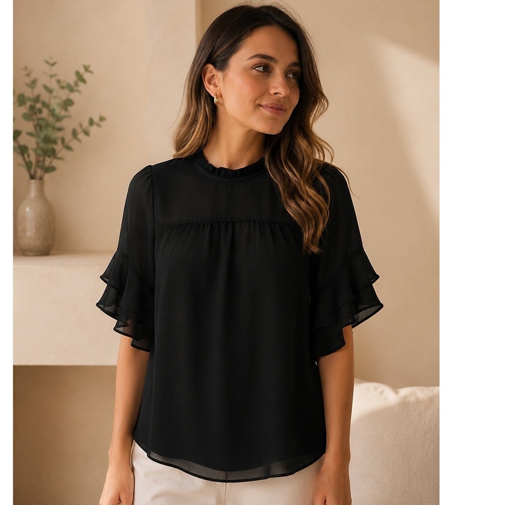 Monteau Los Angeles Black Ruffle Mock Neck Tiered Bell Sleeve Blouse XS